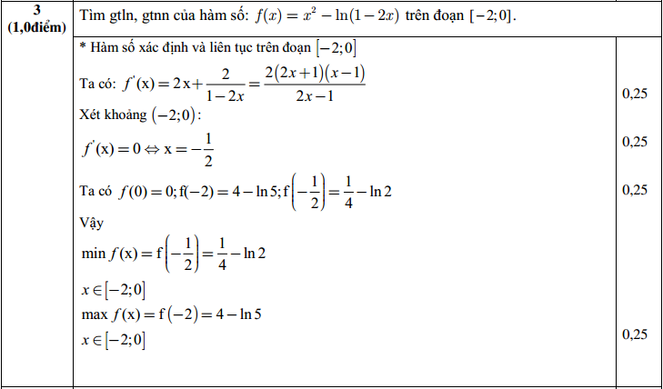 Đáp án đề thi học kì 1 môn toán 12 câu 3