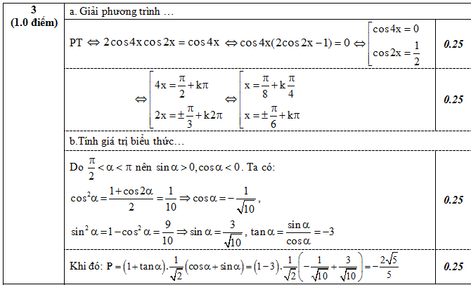 Đáp án đề thi thử thpt quốc gia môn Toán câu 3