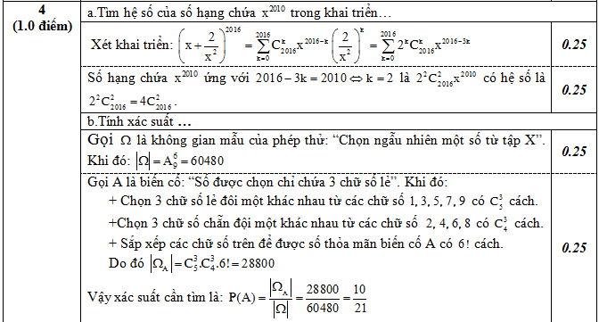 Đáp án đề thi thử thpt quốc gia môn Toán câu 4