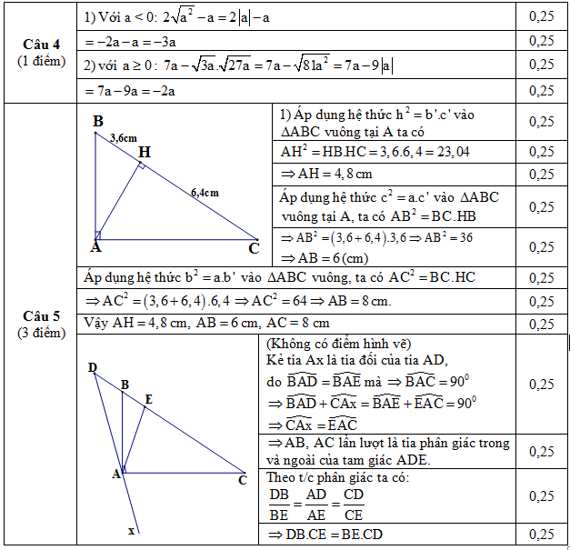 Đáp án và hướng dẫn chấm KSCL Lớp 9 môn Toán câu 4,5
