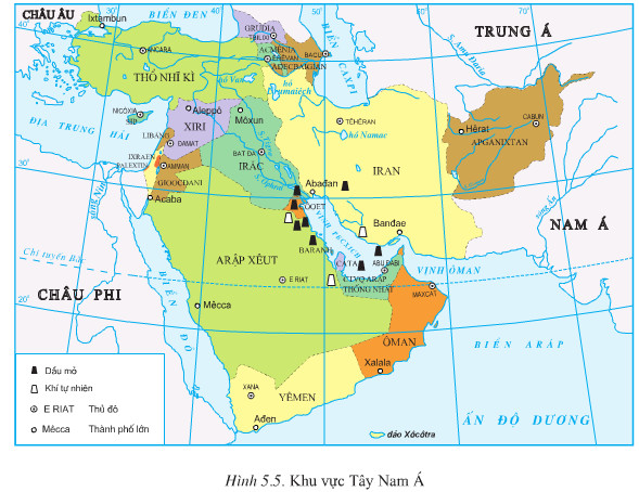 Hãy xác định trên bản đồ (hoặc Alat Địa lí thế giới) vị trí các quốc gia của khu vực Tây Nam Á