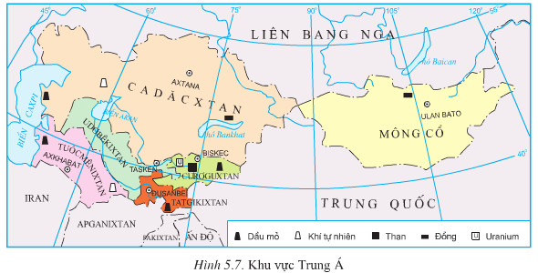 Quan sát hình 5.7 hãy cho biết Trung Á có những quốc gia nào ? Vị trí địa lí và lãnh thổ của khu vực có đặc điểm gì ?