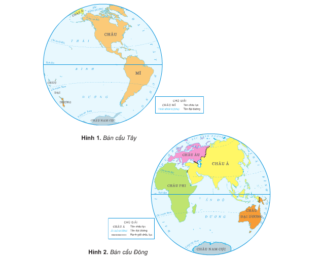 Dựa vào hình 1 và hình 2, hãy cho biết: Đại Tây Dương giáp các châu lục và đại dương nào?