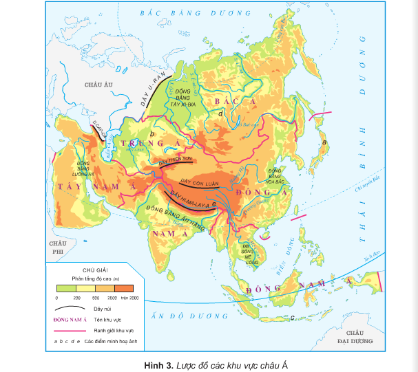Dựa vào hình 3, em hãy đọc tên một số dãy núi và đồng bằng lớn của châu Á.