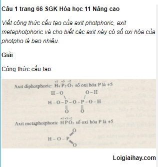 Câu 1 trang 66 SGK Hóa học 11 Nâng cao