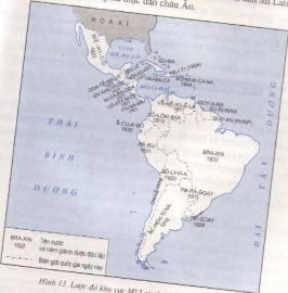 Dựa vào lược đồ (hình 13), hãy nêu kết quả của cuộc đấu tranh giành độc lập ở khu vực Mĩ Latinh đầu thế kỉ XIX