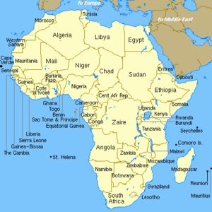 Hãy xác định trên bản đồ châu Phi vị trí 3 nước Ăng-gô-la, Mô-dăm-bích và Ghi-nê Bít-xao.