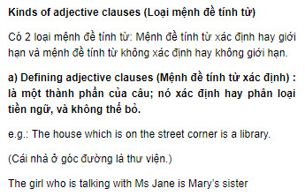 Kinds of adjective clauses (Loại mệnh đề tính từ)  Unit 8 SGK Tiếng Anh 9